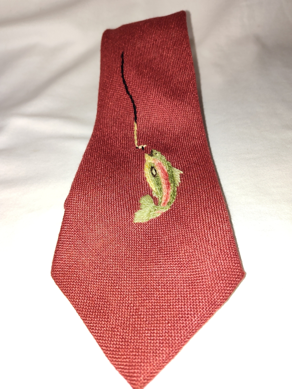 Men's Red Hand Made Tie with Embroidered Fish Accent